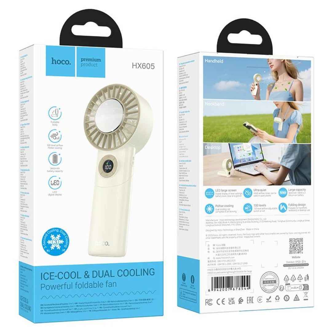 HOCO HX605 Ice Pack Series Foldable Semiconductor Cooling Fan with Digital Display – Beige