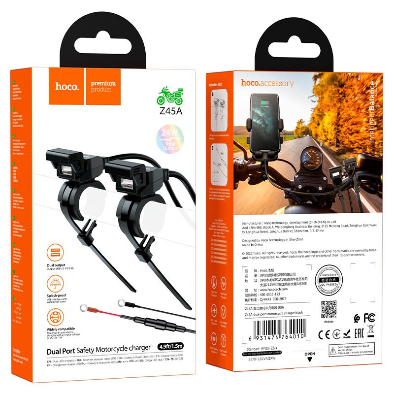 HOCO Z45A Motorcycle USB Charger – Dual Port 36W Waterproof - Saif Al Najmi KwChargersHocoSaif Al Najmi KwHOCO Z45A Motorcycle USB Charger – Dual Port 36W Waterproof