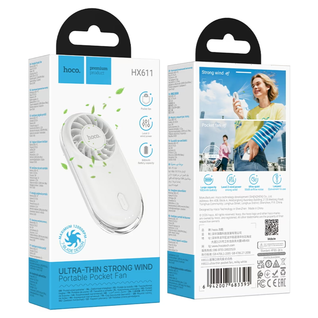 HOCO HX611 Ultra-Thin Pocket Portable Fan with 3 Airflow Levels – White