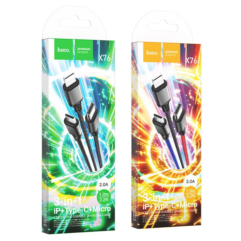 Hoco X76 3 - in - 1 Super charging cable(iP+Type - C+Micro) - Saif Al Najmi KwData CablesHocoSaif Al Najmi KwHoco-4267Black/Red/BlueHoco X76 3 - in - 1 Super charging cable(iP+Type - C+Micro) - Saif Al Najmi Kw